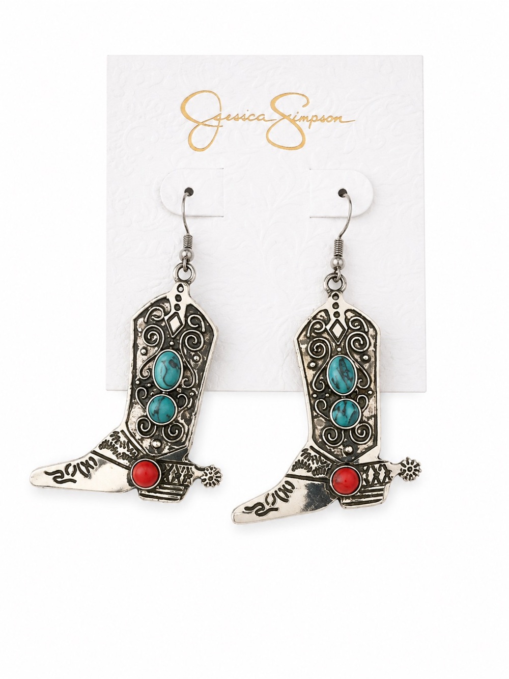 Jessica Simpson Silver Turquoise Red Cowboy Boot Dangle Earrings NWT